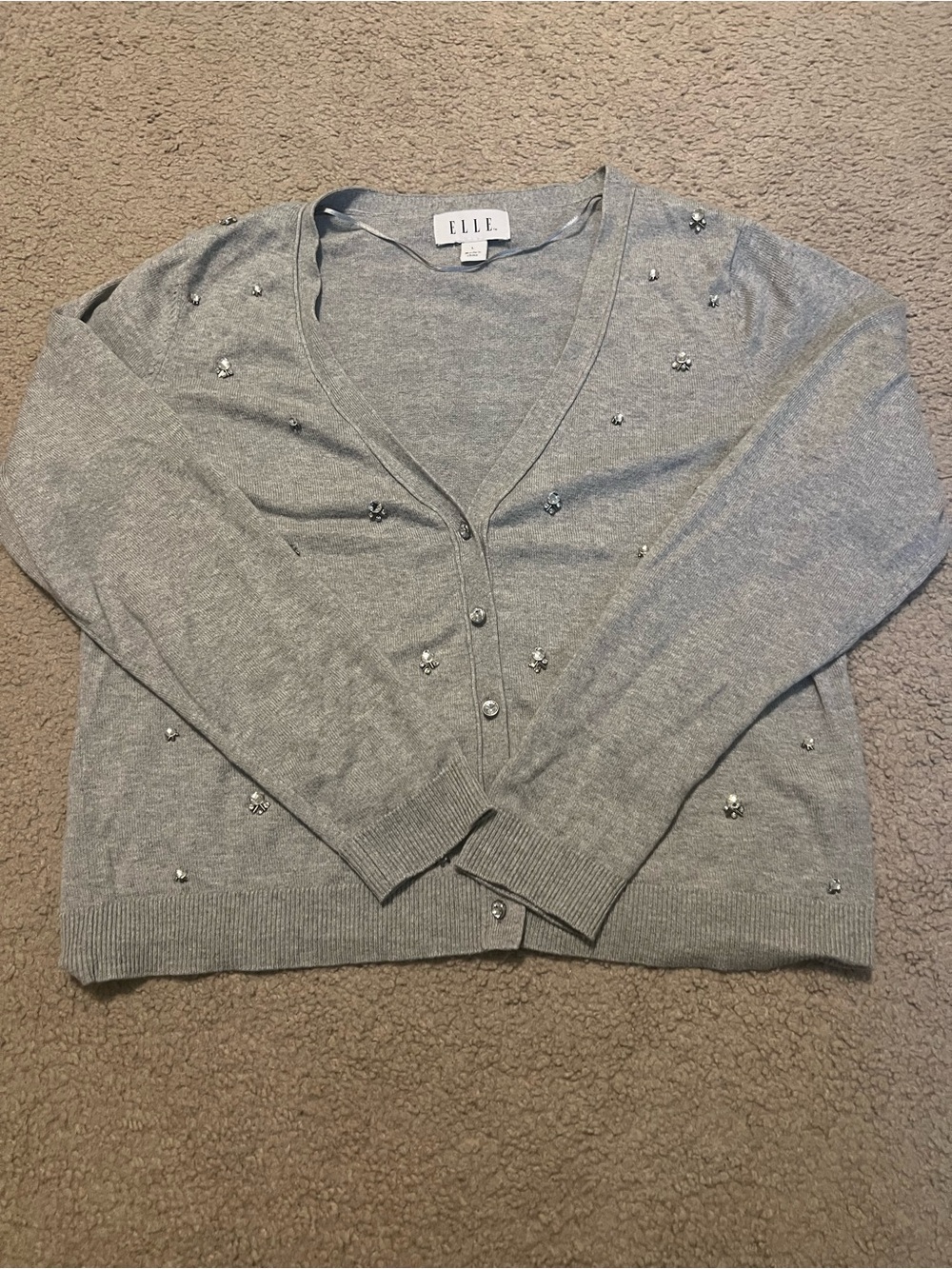 ELLE Light Gray Embellished V-Neck Cardigan